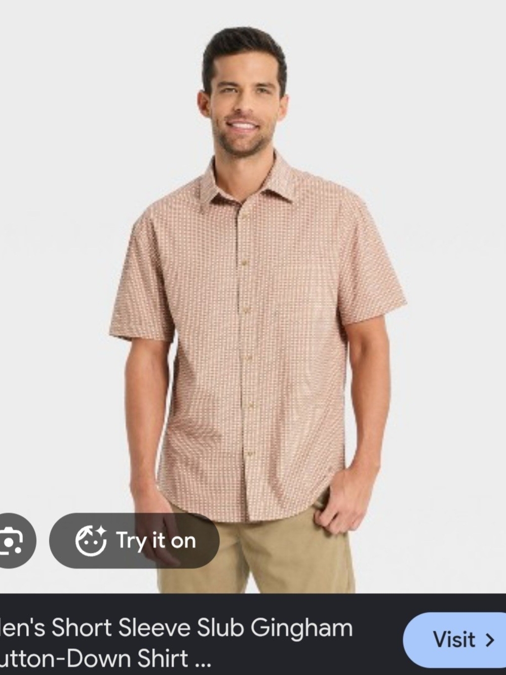 Goodfellow & Co Short-Sleeve Gingham Button-Down Shirt in Tan and White